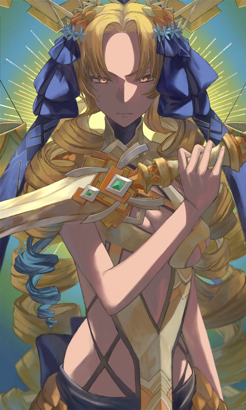 1girl, astraea_(fate), astraea_(third_ascension)_(fate), big_hair, blonde_hair, blue_hair, bow, breasts