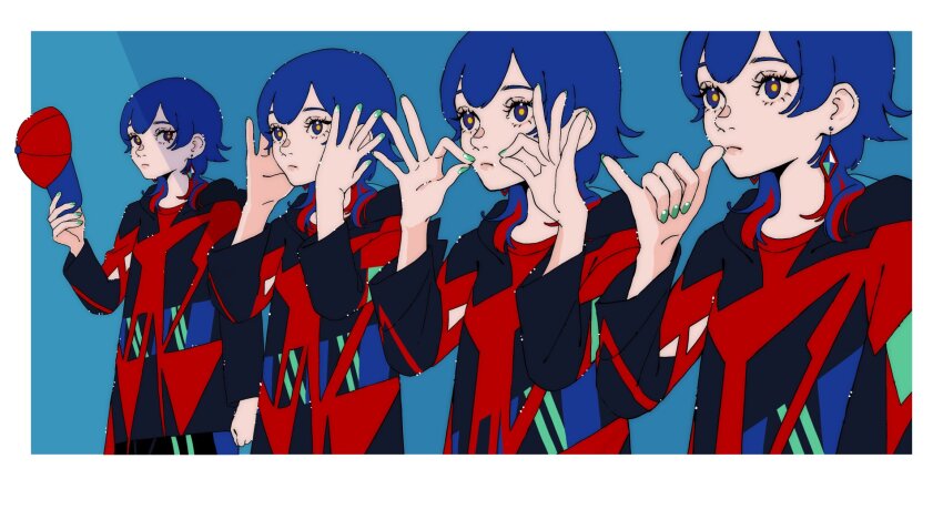 4girls, arm_at_side, baseball_cap, black_jacket, blue_background, blue_eyes, blue_hair, blue_nails
