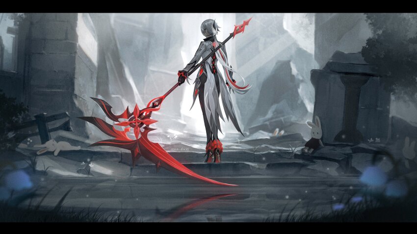 1girl, absurdres, anna_(drw01), arlecchino_(genshin_impact), black_hair, black_hands, black_pants, black_skin