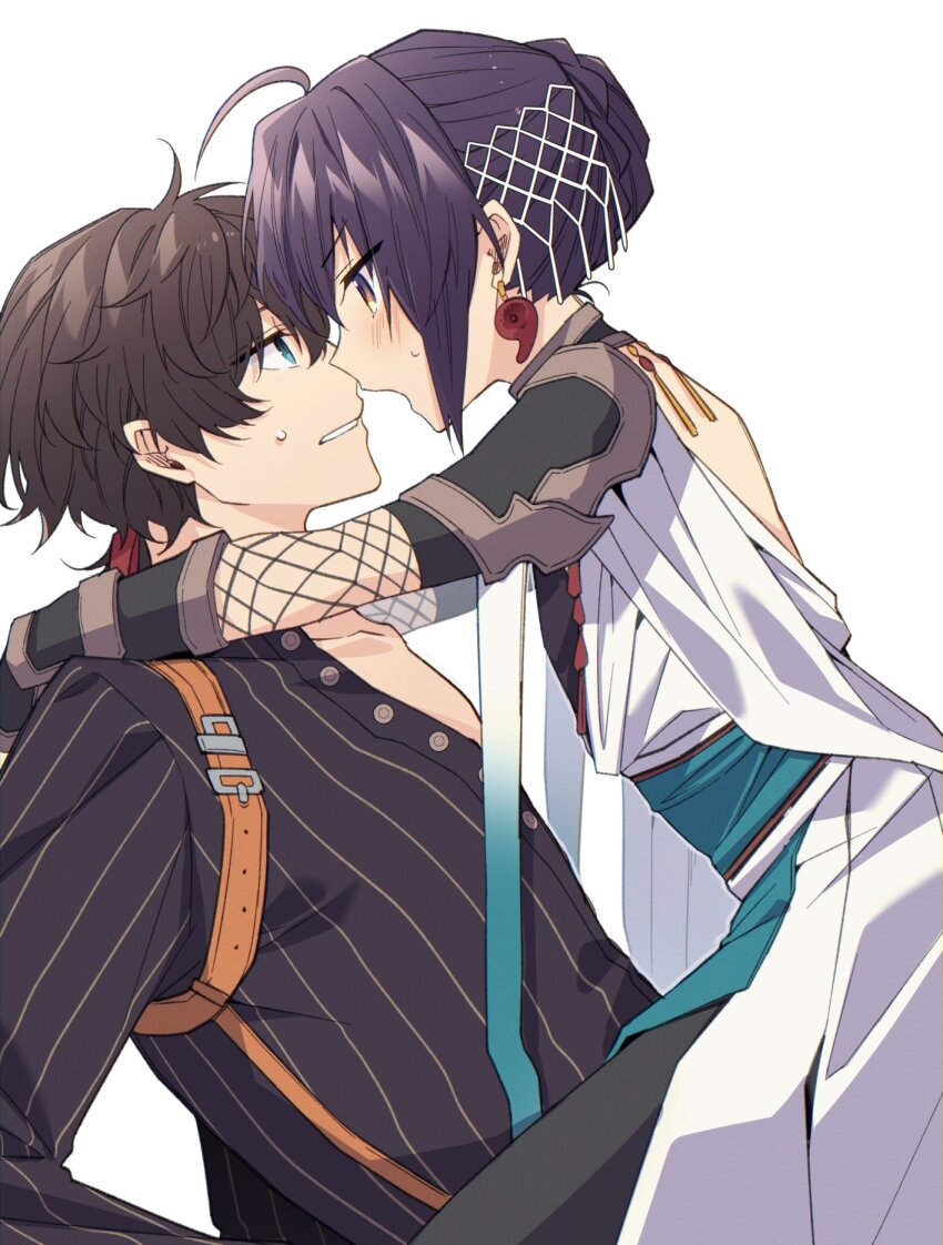 1boy, 1other, ahoge, aqua_sash, arm_guards, arm_on_another's_shoulder, armor, backless_dress