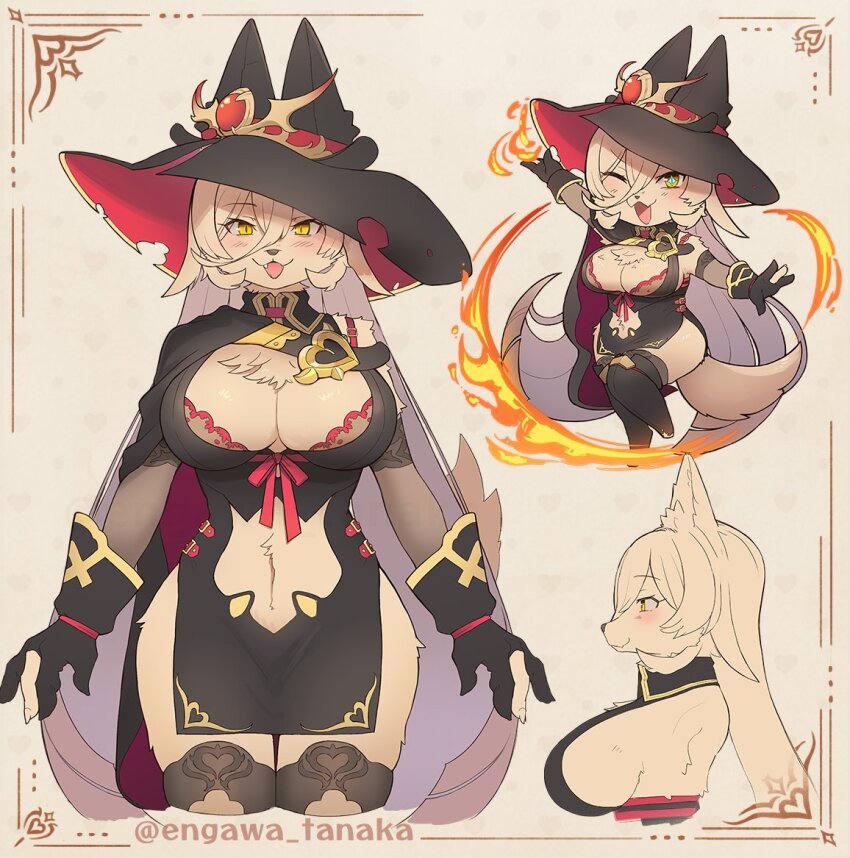 +_+, 1girl, :3, black_gloves, blonde_hair, body_fur, border, bra, breasts, chibi, cleavage, clothing_cutout, cropped_legs, detached_sleeves, dog_girl, dog_tail, dress, engawa_tanaka, fire, furrification, furry, furry_female, gloves, grey_background, hair_between_eyes, hat, large_breasts, long_hair, magic, navel_cutout, nijisanji, nui_sociere, nui_sociere_(1st_costume), one_eye_closed, open_mouth, partially_fingerless_gloves, profile, sideboob, simple_background, solo, tail, thighhighs, twitter_username, underwear, very_long_hair, virtual_youtuber, witch, witch_hat, yellow_eyes