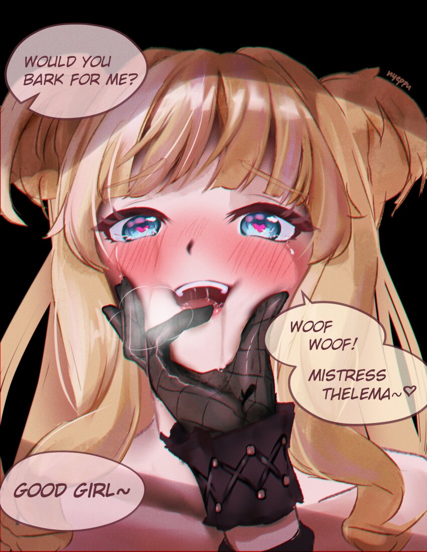 2girls, absurdres, black_gloves, blonde_hair, blue_eyes, blush, commentary, english_text