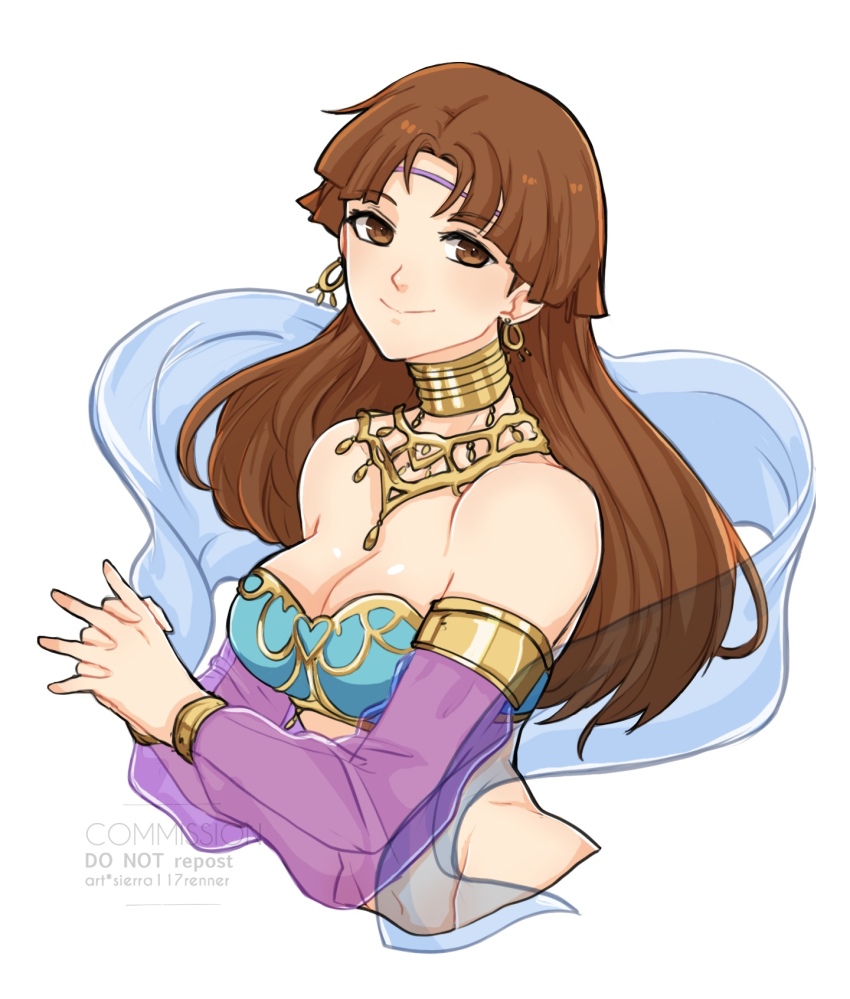 1girl, bandeau, bare_shoulders, breasts, brown_eyes, brown_hair, cleavage, commentary