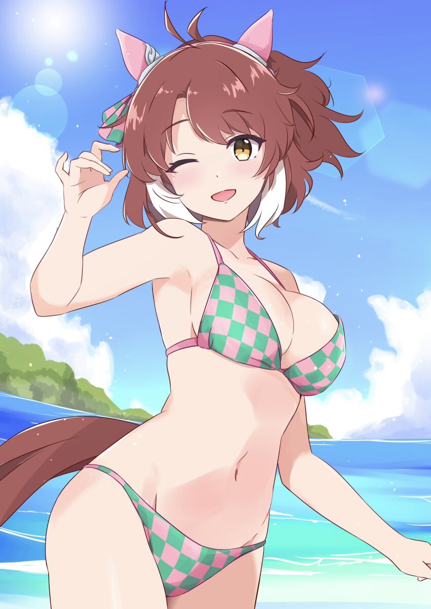 1girl, ahoge, animal_ears, bikini, blush, breasts, brown_eyes, brown_hair, cleavage, collarbone, commentary_request, dantsu_flame_(umamusume), funamori, head, highres, horse_ears, horse_girl, island, lens_flare, looking_at_viewer, medium_breasts, medium_hair, navel, ocean, one_eye_closed, open_mouth, sky, solo, swimsuit, umamusume