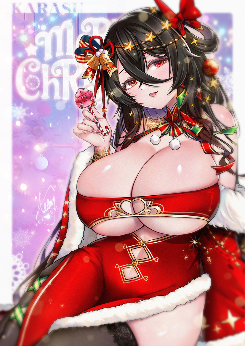 1girl, allenhalo, bell, black_hair, black_thighhighs, bow, breasts, brown_eyes, candy, candy_cane, chinese_commentary, cleavage, clothing_cutout, coat, dated, dress, food, fur-trimmed_coat, fur_trim, hair_bell, hair_between_eyes, hair_bow, hair_ornament, holding, huge_breasts, kurogane_karasu, looking_at_viewer, merry_christmas, nkshoujo, off_shoulder, open_mouth, red_bow, red_coat, red_dress, signature, skindentation, smile, solo, star_(symbol), star_hair_ornament, thighhighs, underboob, underboob_cutout, virtual_youtuber