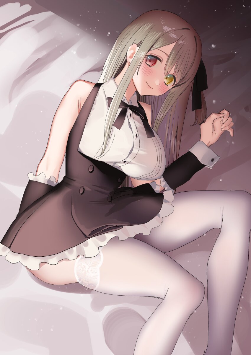 1girl, absurdres, arm_behind_back, armpit_crease, assault_lily, bare_shoulders, bed_sheet, black_ribbon