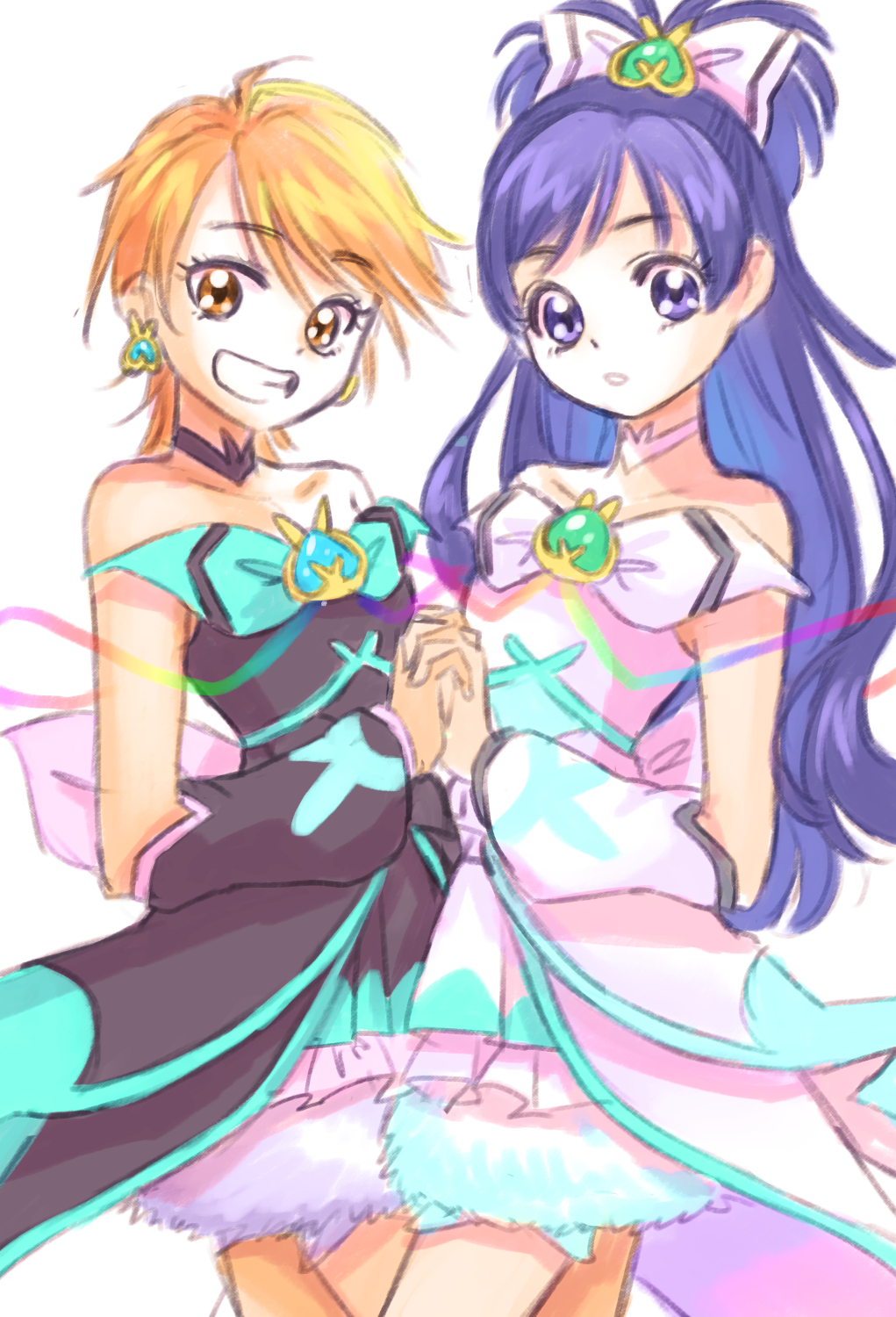 :o, black_choker, black_dress, black_sleeves, blue_eyes, blue_hair, bow, brooch, brown_hair, choker, commentary, cosplay, cure_black, cure_puca, cure_puca_(cosplay), cure_supreme, cure_supreme_(cosplay), cure_white, detached_sleeves, dress, earrings, futari_wa_precure, grin, hair_bow, half_updo, highres, holding_hands, jewelry, jj_(ssspulse), long_sleeves, magical_girl, misumi_nagisa, parted_lips, precure, precure_all_stars, precure_all_stars_f, short_hair, shorts_under_dress, simple_background, smile, strapless, strapless_dress, white_background, white_bow, white_choker, white_dress, white_sleeves, yukishiro_honoka