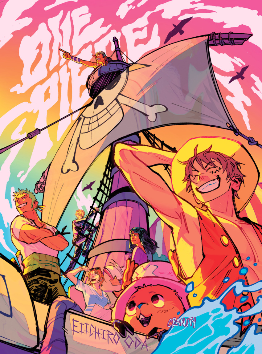 2girls, 5boys, antlers, artist_name, bandana_around_arm, book, commentary, copyright_name