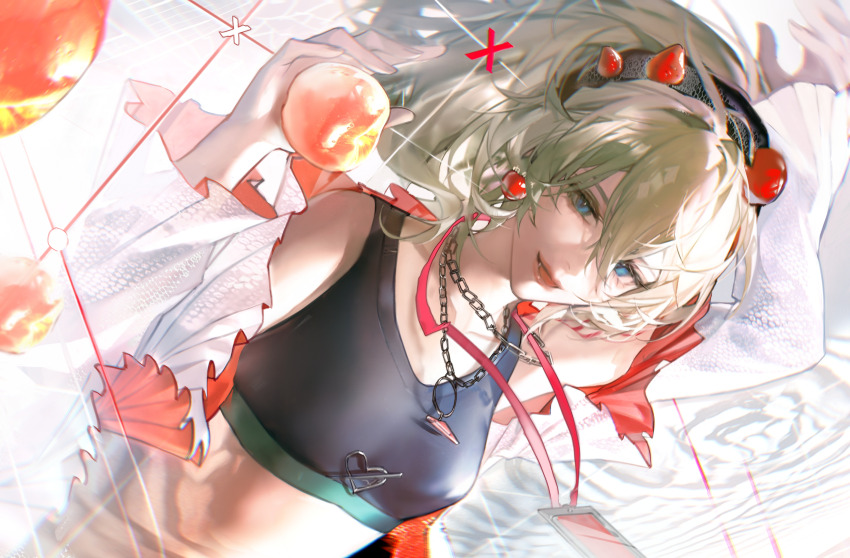 1girl, apple, bare_shoulders, bianca_(path_to_nowhere), black_hairband, black_tank_top, blonde_hair, blue_eyes, breasts, brooch, chain, chain_necklace, cherry, cherry_earrings, collarbone, crop_top, earrings, fang, food, food-themed_earrings, food-themed_hair_ornament, food_themed_earrings, fruit, golden_apple, hair_between_eyes, hair_intakes, hair_ornament, hairband, heart, heart_brooch, heart_necklace, highres, holding, holding_food, holding_fruit, id_card, jacket, jewelry, looking_at_viewer, looking_up, lying, midriff, multiple_necklaces, necklace, off_shoulder, on_back, on_floor, open_clothes, open_jacket, path_to_nowhere, ripples, slit_pupils, small_breasts, solo, strawberry, tank_top, tile_floor, tiles, two-sided_fabric, two-sided_jacket, updo, upper_body, white_jacket, zhishi_yuyuanqiu