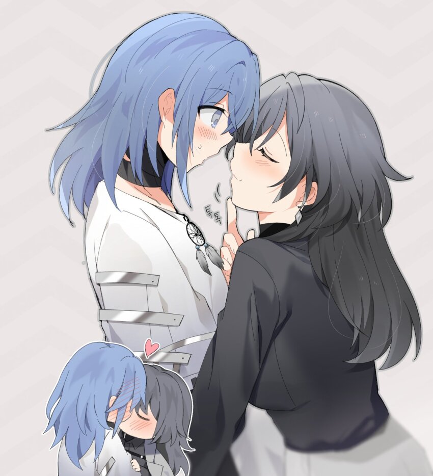 2girls, bandaged_neck, bandages, black_bandages, black_hair, black_shirt, blue_hair, blush