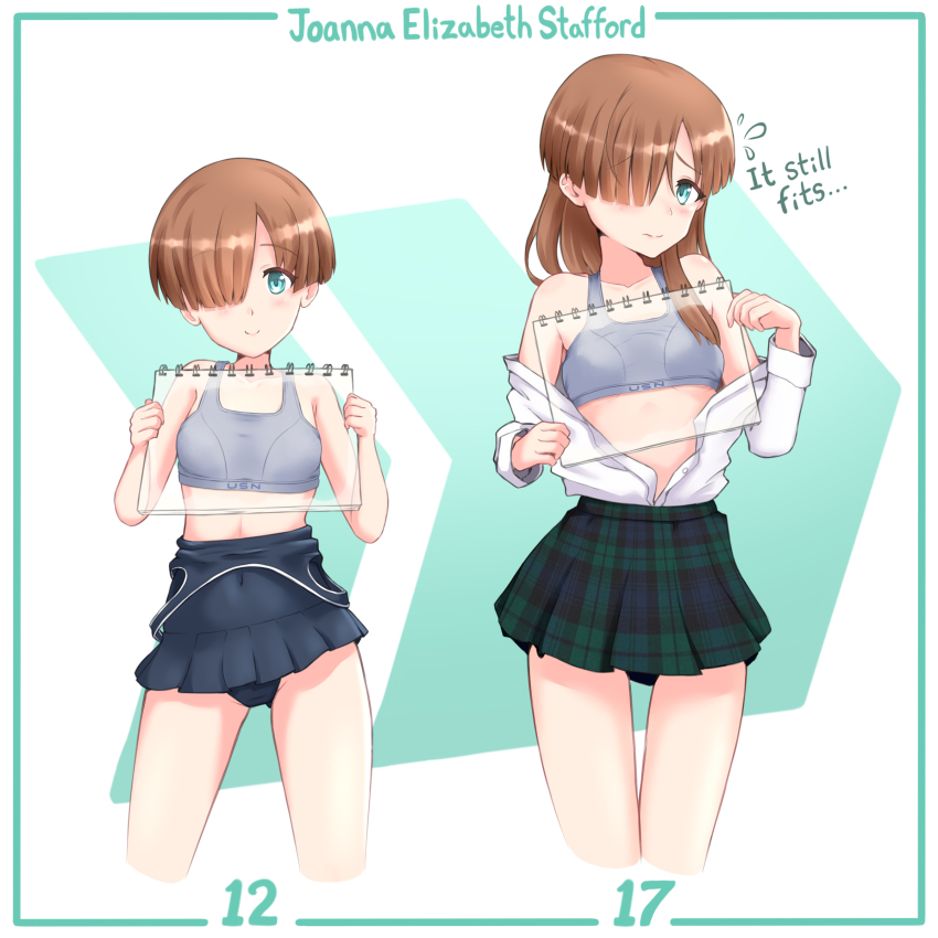 1girl, absurdres, age_progression, blue_one-piece_swimsuit, blush, breasts, brown_hair, character_name, closed_mouth, clothes_pull, covered_navel, embarrassed, green_eyes, grey_sports_bra, highres, joanna_elizabeth_stafford, kuni-kun, long_hair, looking_at_viewer, luminous_witches, miniskirt, multiple_views, one-piece_swimsuit, one-piece_swimsuit_pull, school_uniform, shirt, short_hair, simple_background, skirt, small_breasts, smile, sports_bra, swimsuit, swimsuit_skirt, white_shirt, world_witches_series