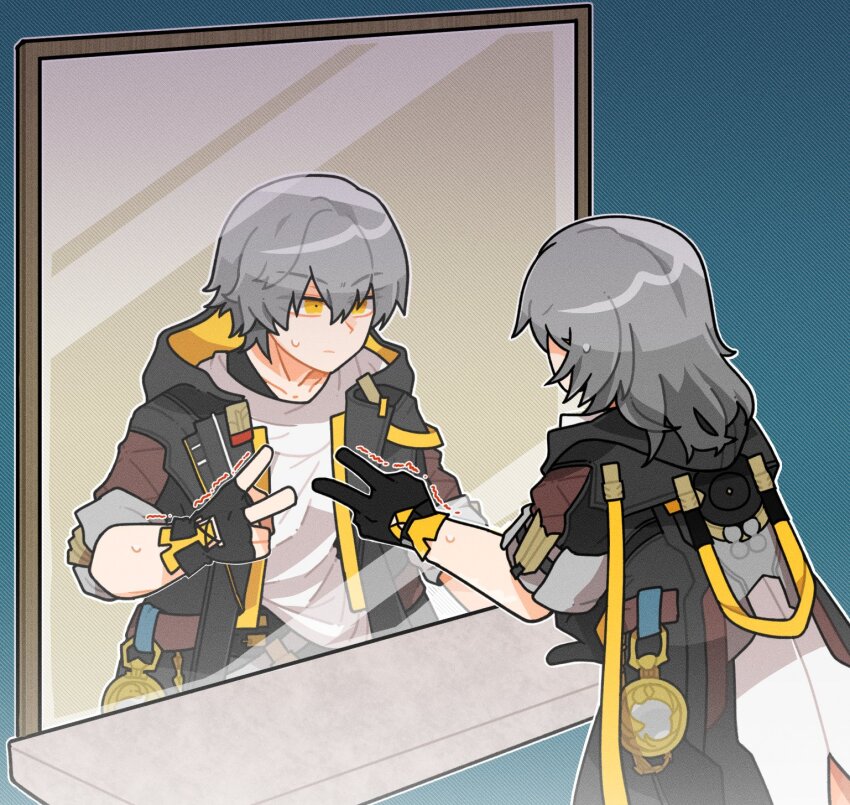 1boy, 1girl, back, black_gloves, black_jacket, caelus_(honkai:_star_rail), chain, closed_mouth