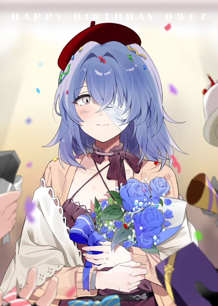 1girl, 3others, birthday_cake, blue_flower, blue_hair, blurry, blurry_foreground, bouquet, brown_cardigan, cake, cardigan, choker, closed_mouth, commentary_request, confetti, dated, dress, english_text, eyepatch, flower, food, grey_eyes, happy_birthday, hat, hecate_(path_to_nowhere), hecate_(yesterday_revisits)_(path_to_nowhere), highres, holding, holding_bouquet, korean_commentary, long_hair, looking_at_viewer, multiple_others, one_eye_closed, party_popper, path_to_nowhere, purple_choker, purple_dress, red_hat, sappazell, smile, solo_focus, upper_body