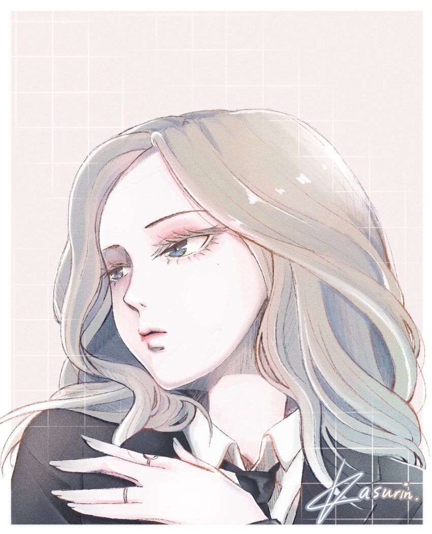 1girl, animification, artist_name, black_necktie, blue_eyes, close-up, closed_mouth, collared_shirt