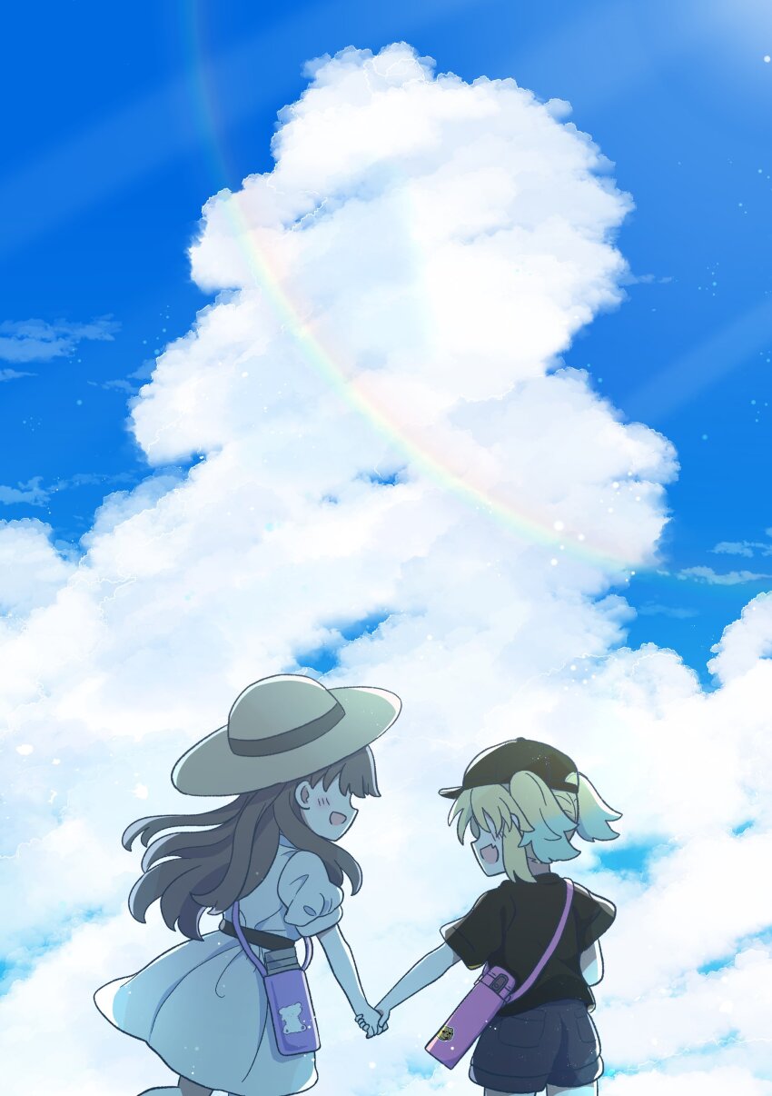 2girls, absurdres, aged_down, baseball_cap, black_shirt, black_shorts, blonde_hair, blue_hair