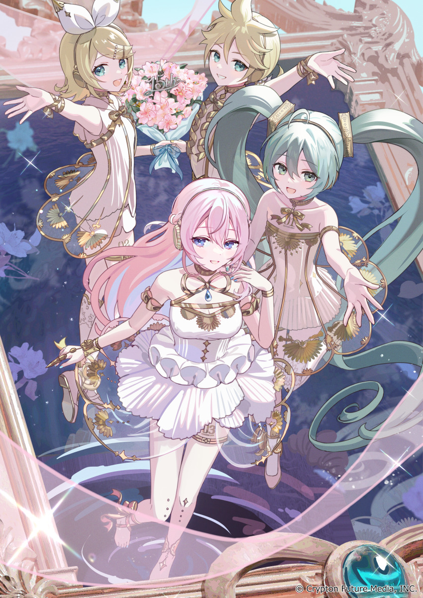 1boy, 3girls, absurdres, arm_up, blonde_hair, blue_eyes, bouquet, commentary_request