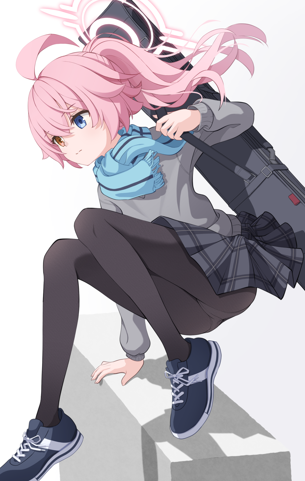 1girl, ahoge, arm_support, bag, black_pantyhose, black_skirt, blue_archive, blue_eyes