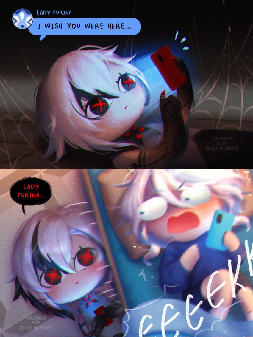 2girls, arlecchino_(genshin_impact), black_hands, colored_extremities, comic, english_text, furina_(genshin_impact), genshin_impact, highres, holding, holding_phone, multiple_girls, peruere_(genshin_impact), phone, scared, silk, speech_bubble, spider_web, valerieks