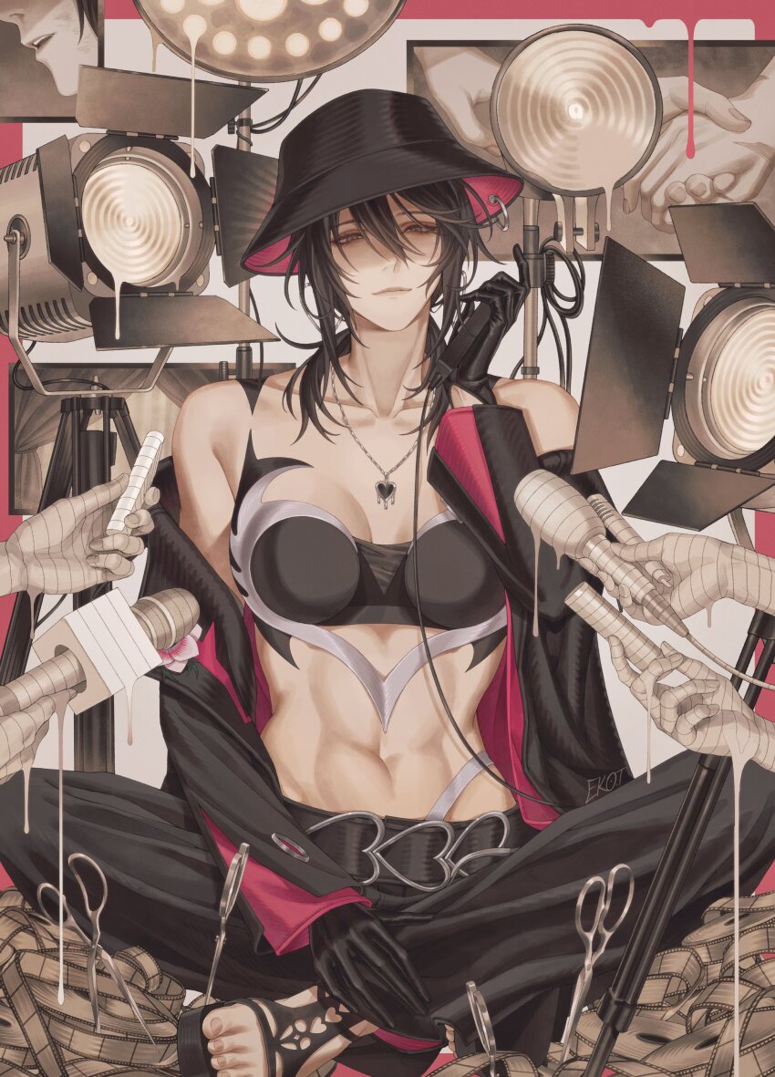 1girl, 7nite, abstract_background, absurdres, bandaged_hand, bandaged_object, bandages, bare_shoulders