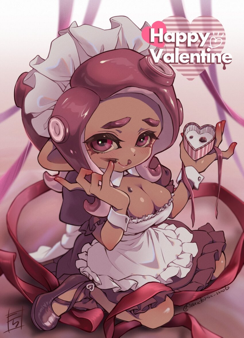 1girl, :q, apron, artist_name, box, breasts, chocolate, chocolate_on_body, chocolate_on_breasts, chocolate_on_face, cleavage, collar, commentary_request, dark-skinned_female, dark_skin, detached_collar, dress, food, food_on_body, food_on_breasts, food_on_face, frilled_apron, frilled_dress, frilled_sleeves, frills, full_body, furrowed_brow, happy_valentine, heart, heart-shaped_box, highres, holding, holding_box, kneeling, kora_(midorin_mob), large_breasts, long_hair, looking_at_viewer, maid, maid_apron, maid_headdress, mary_janes, nintendo, octoling, octoling_girl, octoling_player_character, puffy_short_sleeves, puffy_sleeves, purple_dress, purple_hair, purple_ribbon, purple_shoes, red_eyes, red_ribbon, ribbon, shoes, short_sleeves, signature, solo, splatoon_(series), suction_cups, tentacle_hair, thick_eyebrows, tongue, tongue_out, valentine, white_apron, white_collar, white_wrist_cuffs, wrist_cuffs