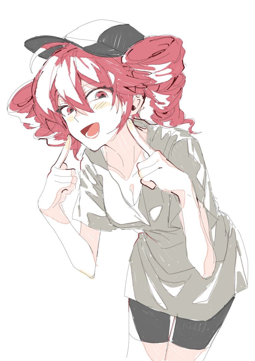 1girl, ahoge, baseball_cap, black_hat, black_shorts, blush, breasts, cleavage