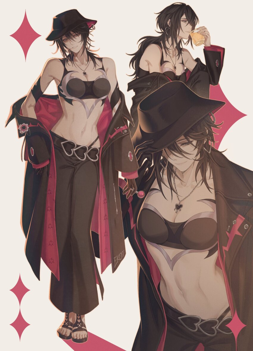 1girl, 7nite, absurdres, adjusting_clothes, adjusting_headwear, bare_shoulders, belt, black_belt, black_coat, black_footwear, black_hair, black_hat, black_pants, black_tank_top, breasts, candy, cleavage, coat, collarbone, commentary, crop_top, cup, deren_(path_to_nowhere), drink, earrings, fedora, food, hair_between_eyes, hat, heart, heart_belt, heart_earrings, heart_top, highres, holding, holding_candy, holding_cup, holding_food, holding_lollipop, hoop_earrings, ice, ice_cube, jewelry, linea_alba, lollipop, long_hair, medium_breasts, midriff, multiple_views, navel, off_shoulder, one_eye_covered, pants, path_to_nowhere, sandals, signature, simple_background, smile, untranslatable_commentary, tank_top, two-sided_coat, two-sided_fabric, two-sided_headwear, white_background