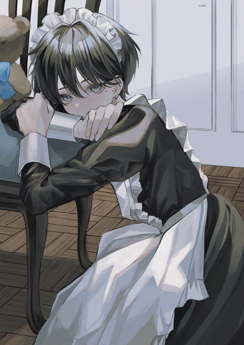1boy, absurdres, apron, bishounen, black_dress, black_hair, blue_eyes, chair, commentary_request, crossdressing, crossdressing_(mtf), dress, ear_piercing, eyelashes, from_side, hair_between_eyes, highres, indoors, kneeling, long_dress, looking_at_viewer, maid, maid_apron, maid_headdress, male_focus, male_maid, mole, mole_under_eye, original, piercing, short_hair, signature, solo, sosaku_25, stuffed_animal, stuffed_toy, teddy_bear