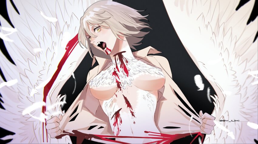 1girl, absurdres, black_background, blood, blood_from_mouth, blood_on_face, blood_on_neck, breasts, commentary, dress_shirt, dungeon_meshi, english_commentary, falin_touden, falin_touden_(chimera), feathered_wings, feathers, hair_between_eyes, highres, looking_at_viewer, luiki, medium_breasts, navel, open_mouth, shirt, short_hair, simple_background, slit_pupils, solo, tearing_clothes, teeth, tongue, torn_clothes, twitter_username, upper_body, white_shirt, wings, yellow_eyes