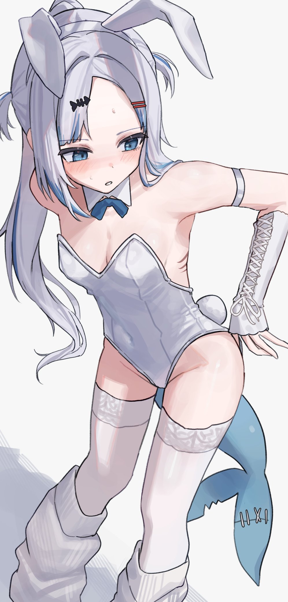 1girl, 3xens, alternate_hairstyle, animal_ears, loose_socks, bare_shoulders, blue_eyes, blue_hair, bow, bowtie, breasts, cleavage, clothes_pull, covered_navel, detached_collar, elbow_sleeve, fake_animal_ears, fake_tail, fins, fish_tail, gawr_gura, gills, grey_hair, hair_ornament, highleg, highleg_leotard, highres, hololive, hololive_english, leotard, long_hair, long_sleeves, multicolored_hair, playboy_bunny, rabbit_ears, rabbit_tail, shark_girl, shark_hair_ornament, shark_tail, sleeves_past_wrists, small_breasts, solo, strapless, strapless_leotard, streaked_hair, tail, thighhighs, two_side_up, virtual_youtuber, white_leotard, white_thighhighs