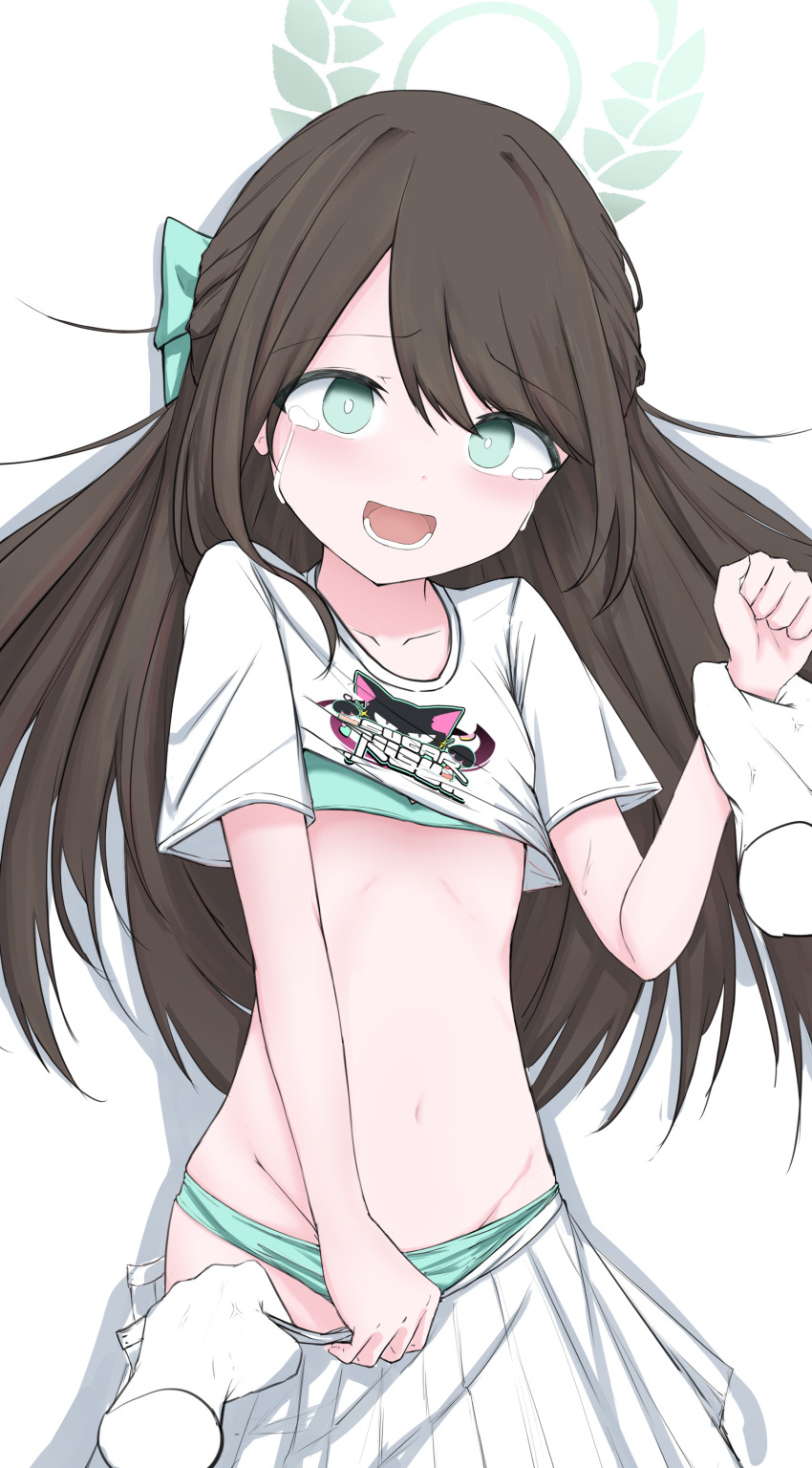 1girl, absurdres, airi_(band)_(blue_archive), airi_(blue_archive), blue_archive, bra, brown_hair, clothes_lift, clothes_pull, crying, crying_with_eyes_open, darauk11, disembodied_hand, green_bra, green_eyes, green_halo, green_panties, halo, highres, holding_another's_wrist, long_hair, navel, open_mouth, panties, pleated_skirt, pulling_another's_clothes, shirt, shirt_lift, short_sleeves, simple_background, skirt, skirt_pull, solo_focus, stomach, t-shirt, tears, underwear, white_background, white_shirt