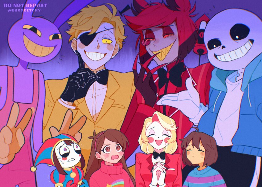 1other, 3girls, 4boys, ahoge, alastor_(hazbin_hotel), antenna_hair, bill_cipher, black_sclera, blue_jacket, brown_hair, charlie_morningstar, claws, colored_sclera, egosketchy, frisk_(undertale), gloves, gravity_falls, hat, hazbin_hotel, hellaverse, highres, index_finger_raised, jacket, jax_(the_amazing_digital_circus), jester_cap, long_hair, mabel_pines, multiple_boys, multiple_girls, personification, pomni_(the_amazing_digital_circus), red_eyes, red_hair, red_sclera, sans_(undertale), shirt, short_hair, skeleton, the_amazing_digital_circus, trait_connection, undertale, utdr_(toby_fox), v, very_long_hair, white_gloves, white_shirt, yellow_sclera