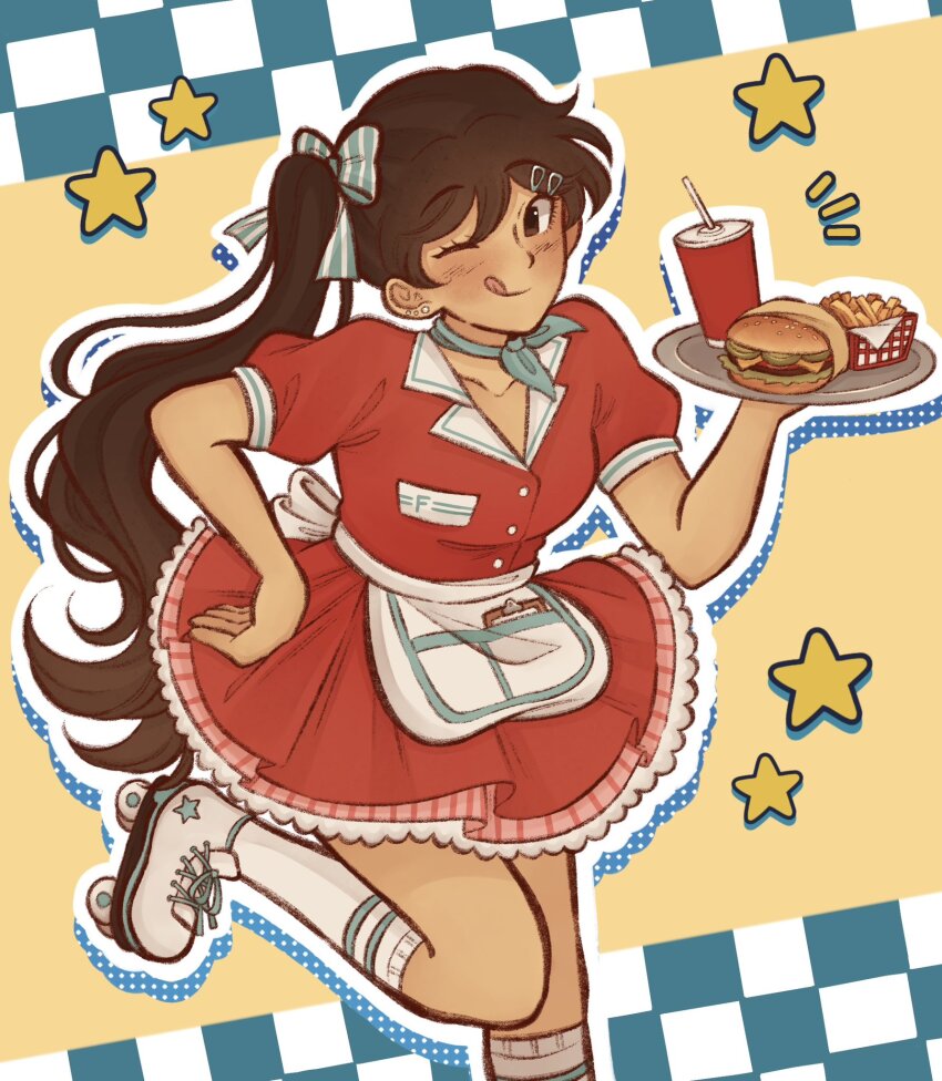 1girl, alternate_costume, alternate_skin_color, black_eyes, black_hair, bow, burger, collarbone