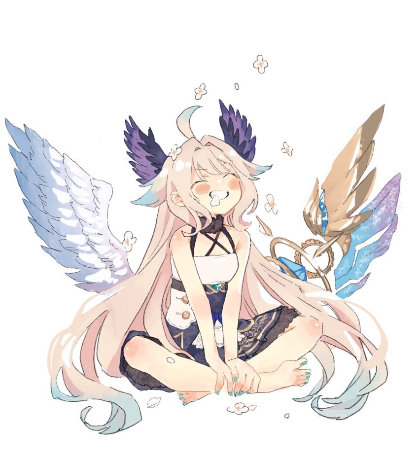 1girl, absurdly_long_hair, ahoge, aqua_nails, barefoot, blonde_hair, blush, breasts