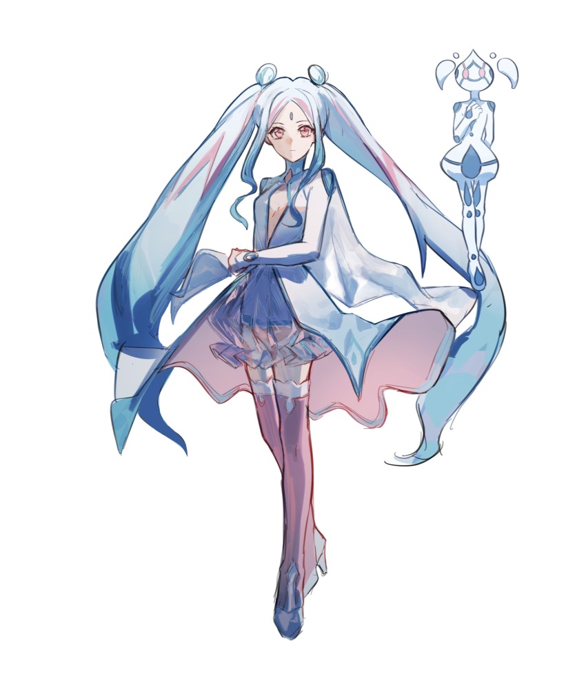 1girl, absurdres, aqua_(yu-gi-oh!_vrains), arm_across_waist, bad_id, bad_lofter_id, blue_footwear, blue_hair