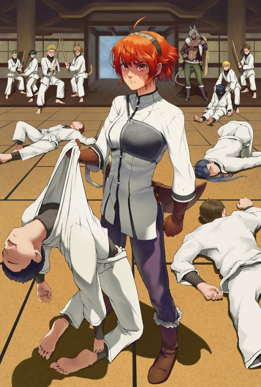 3girls, 6+boys, absurdres, ahoge, animal_ears, aqwariate, boots, brown_footwear, brown_gloves, brown_hairband, clenched_hand, dojo, eris_greyrat, ghislaine_dedoldia, gloves, hairband, highres, multiple_boys, multiple_girls, muscular, muscular_female, mushoku_tensei, nina_farion, pants, purple_pants, red_eyes, red_hair, scar, scar_on_stomach, short_hair, sword, tail, weapon, wolf_boy, wolf_ears, wolf_tail, wooden_sword