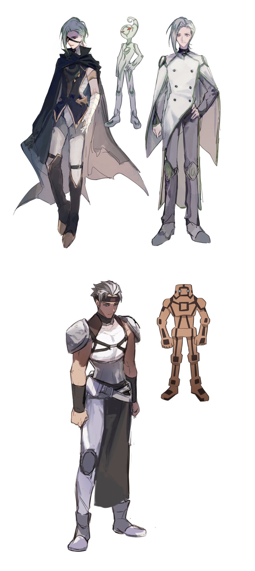 2boys, absurdres, armor, bad_id, bad_lofter_id, bandaged_arm, bandaged_hand, bandaged_torso, bandages, belt, black_cape, black_footwear, black_vest, blue_eyes, boots, bracer, brown_headband, cape, clenched_hand, clenched_hands, creature_and_personification, duel_monster, earth_(yu-gi-oh!_vrains), expressionless, eyepatch, full_body, green_hair, grey_eyes, grey_footwear, grey_hair, grey_pants, grey_shirt, hair_over_one_eye, hand_on_own_hip, headband, highres, knee_boots, knee_pads, light_smile, looking_at_viewer, looking_down, male_focus, medium_hair, multicolored_hair, multiple_boys, multiple_views, naoki_(2rzmcaizerails6), pants, pauldrons, personification, red_eyes, shirt, shoulder_armor, simple_background, sleeveless, sleeveless_shirt, streaked_hair, vest, waist_cape, white_background, white_belt, white_cape, white_hair, white_pants, white_shirt, windy_(yu-gi-oh!_vrains), yu-gi-oh!, yu-gi-oh!_vrains