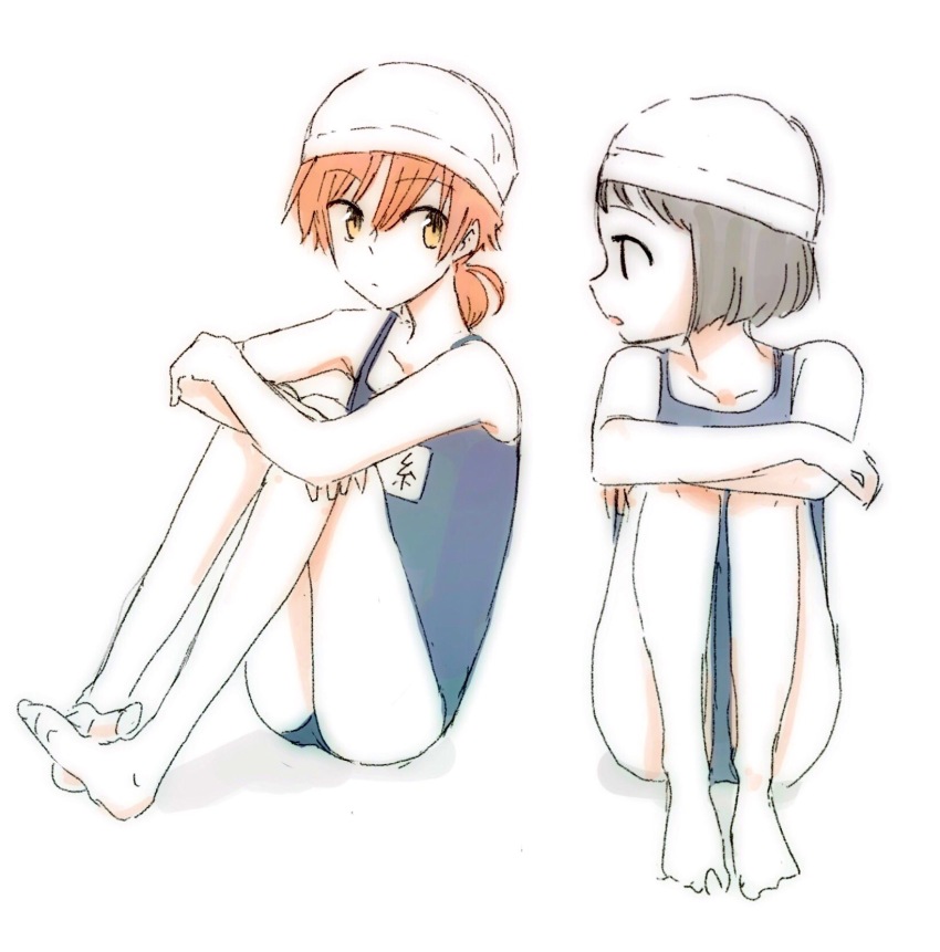 2girls, bare_arms, bare_legs, black_hair, blue_one-piece_swimsuit, brown_eyes, closed_mouth, commentary_request