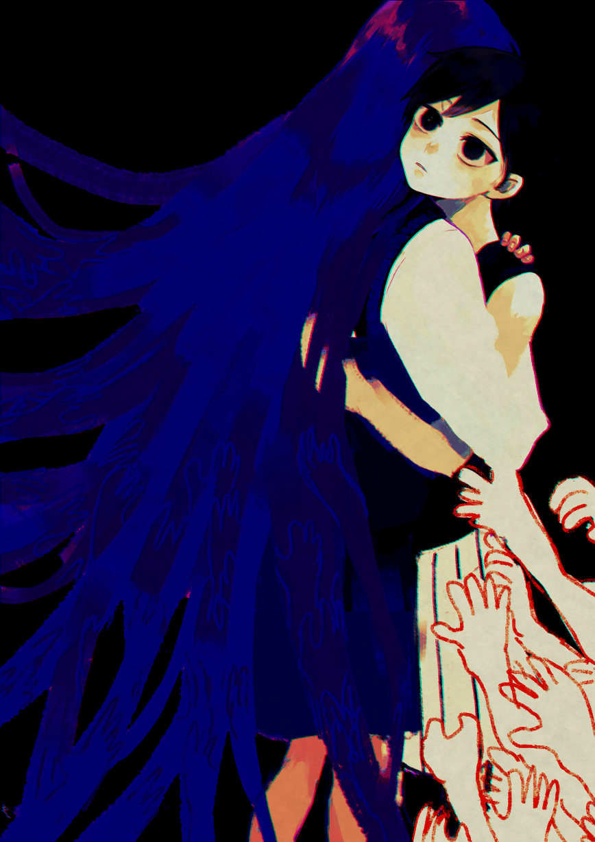 1boy, 1girl, black_eyes, black_hair, black_tank_top, closed_mouth, colored_skin, expressionless