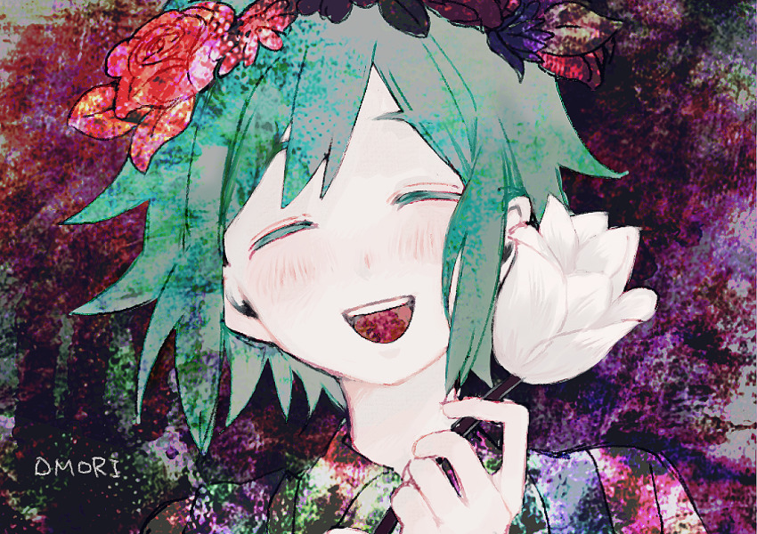 1boy, basil_(headspace)_(omori), basil_(omori), blue_overalls, collared_shirt, copyright_name, flower, green_hair, green_shirt, head_wreath, holding, holding_flower, moashizka, omori, overalls, shirt, short_hair, solo, tulip, upper_body