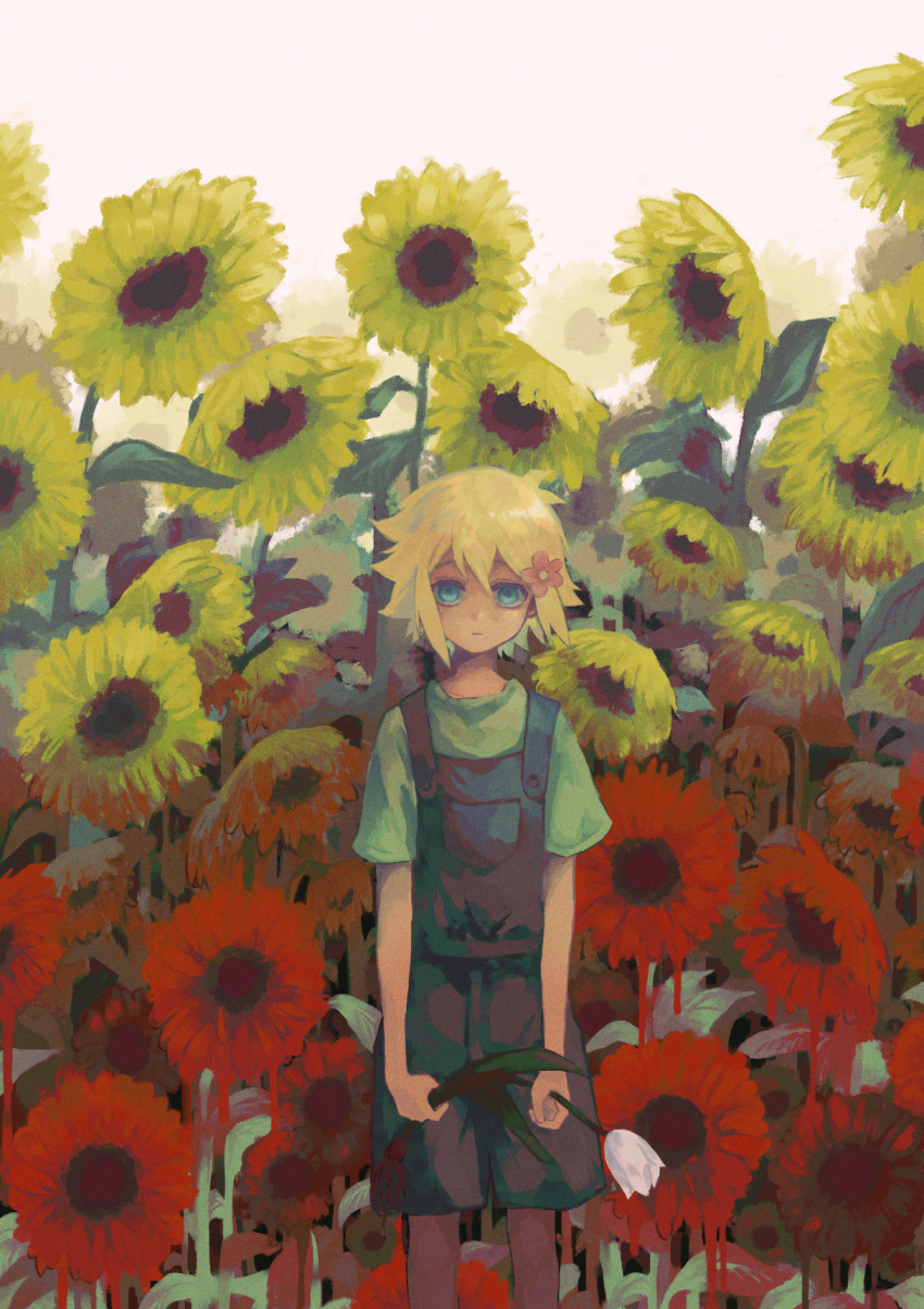 1boy, basil_(faraway)_(omori), basil_(omori), blonde_hair, blue_eyes, blue_overalls, closed_mouth, expressionless