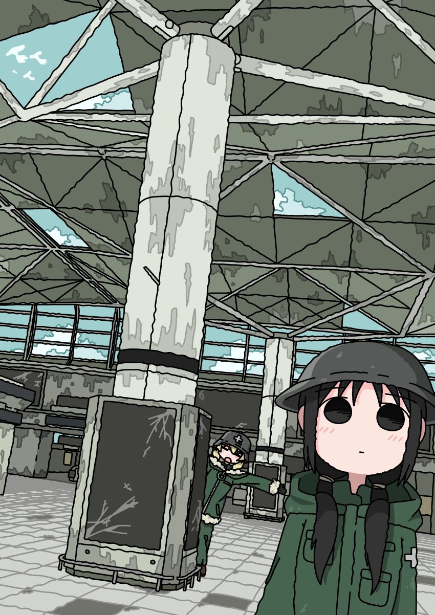 2girls, :o, :|, abandoned, absurdres, arms_at_sides, black_eyes, black_hair