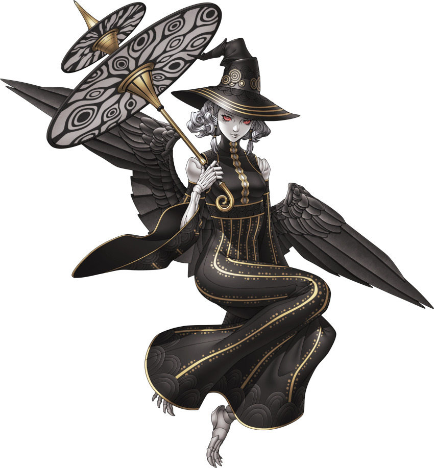 1girl, absurdres, agrat_bat_mahlat_(megami_tensei), barefoot, black_dress, black_hat, black_wings, bone