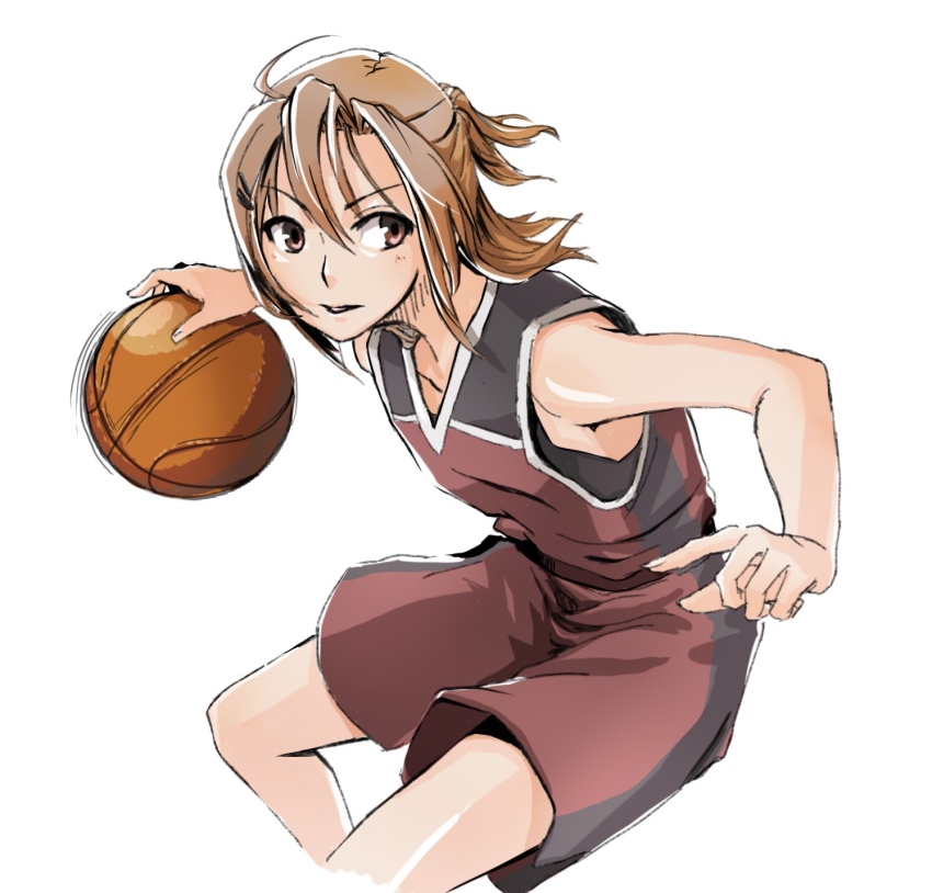 1girl, ball, basketball, basketball_(object), basketball_uniform, brown_hair, brown_shorts, cropped_legs