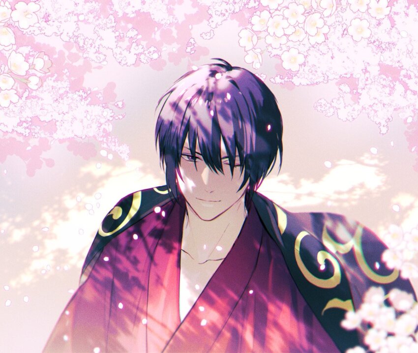 1boy, black_hair, cherry_blossoms, closed_mouth, cma_cmakuma, collarbone, falling_petals, flower