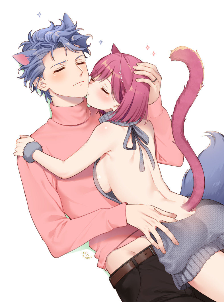 1boy, 1girl, animal_ears, artist_name, ass, belt, black_pants, blush, bob_cut, breasts, brown_belt, cat_boy, cat_ears, cat_girl, cat_tail, closed_eyes, couple, dated, fur_wrist_cuffs, grey_hair, grey_sweater, halterneck, hand_on_another's_head, hetero, jewelry, kissing_chin, krudears, long_sleeves, medium_breasts, midriff_peek, pants, pink_hair, pink_sweater, protagonist_(tokimemo_gs3), ring, shitara_seiji, short_hair, sideboob, sparkle, sweater, tail, tokimeki_memorial, tokimeki_memorial_girl's_side, tokimeki_memorial_girl's_side_3rd_story, turtleneck, turtleneck_sweater, upper_body, virgin_killer_sweater, wavy_hair, white_background, wrist_cuffs