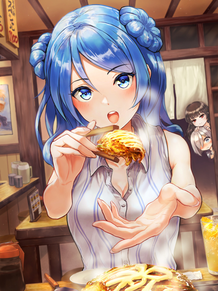 3girls, black_hair, blue_eyes, blue_hair, breasts, casual, double_bun, food