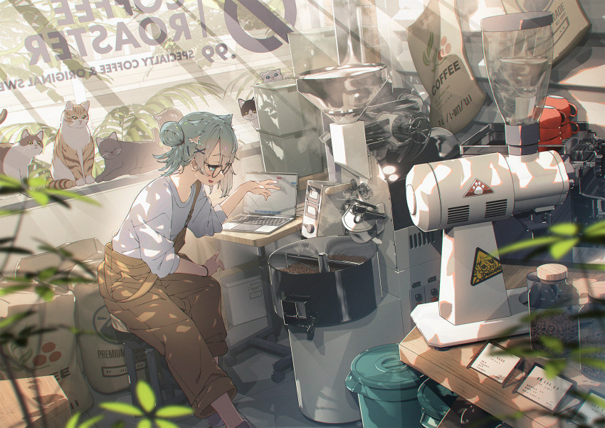 1girl, :d, animal, animal_ear_fluff, animal_ears, aqua_eyes, aqua_hair, bag, black-framed_eyewear, black_cat, blender_(object), blush, bright_pupils, brown_overalls, bucket, cat, chromatic_aberration, coffee_beans, coffee_grinder, commentary_request, computer, cup, desk, film_grain, foot_out_of_frame, glasses, hair_bun, hair_ornament, hand_up, highres, hoji_(hooooooooji1029), indoors, jar, laptop, lever, light_rays, long_bangs, long_sleeves, looking_down, open_mouth, original, overalls, pants, pants_rolled_up, round_eyewear, seed_bag, shirt, short_hair, sidelocks, sideways_mouth, sign, single_side_bun, sleeves_pushed_up, smile, solo, stool, strap_slip, table, tile_floor, tiles, valve, white_cat, white_pupils, white_shirt, window, wooden_table, wristband, x_hair_ornament