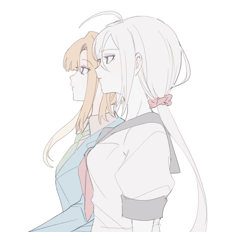 2girls, ahoge, black_eyes, black_sailor_collar, blazer, blonde_hair, blue_jacket, blue_sleeves