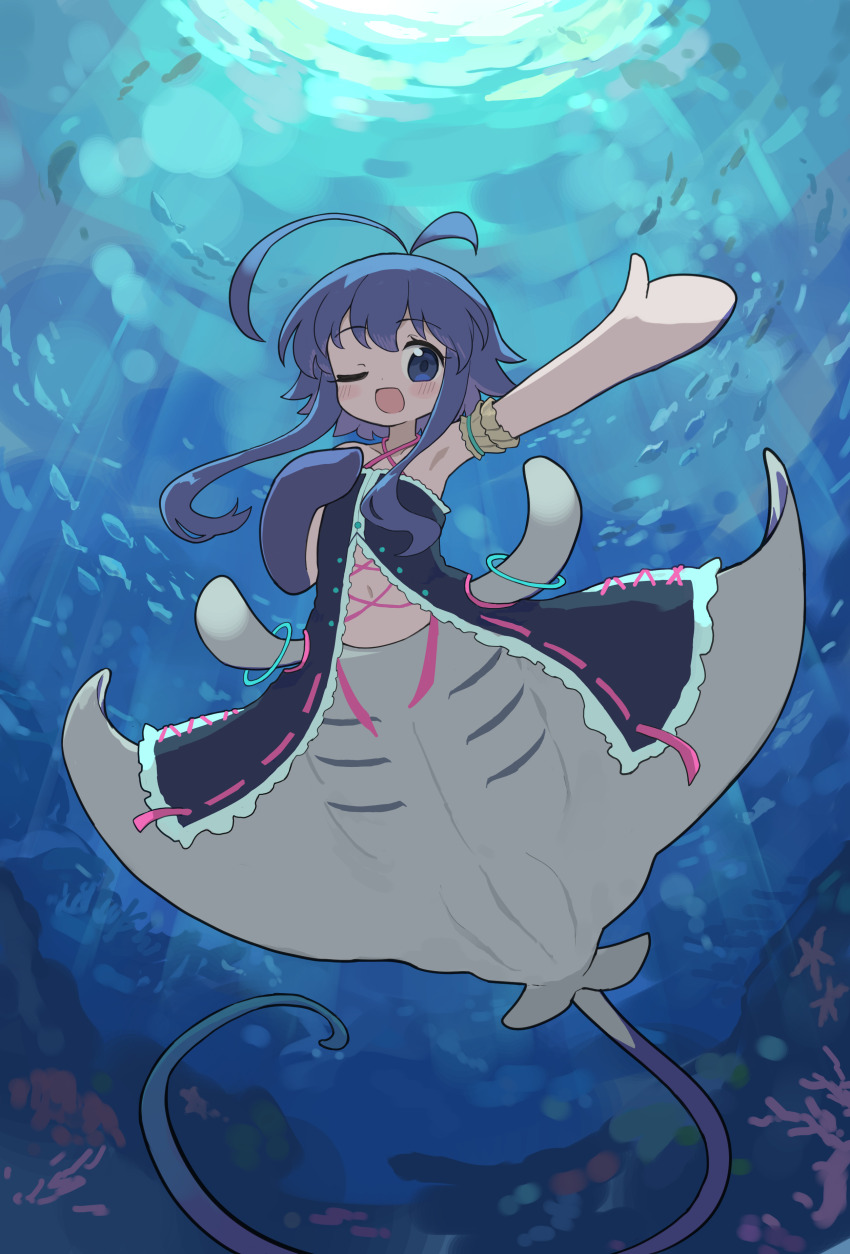 1girl, ;d, absurdres, animal, armpits, bare_shoulders, black_dress, blue_eyes, blue_hair, commission, coral, criss-cross_halter, day, dress, fish, hair_between_eyes, halterneck, hand_up, highres, iruka_(tama), kibisake, long_hair, manta_ray_girl, merfolk, mermaid, monster_girl, navel, one_eye_closed, open_mouth, original, outdoors, outstretched_arm, skeb_commission, smile, solo, taur, unconventional_merfolk, underwater, very_long_hair, water