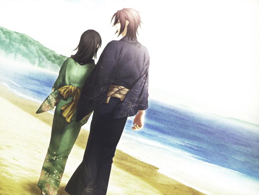 10s, 1boy, 1girl, beach, couple, hakuouki_shinsengumi_kitan, harada_sanosuke, harada_sanosuke_(hakuouki)